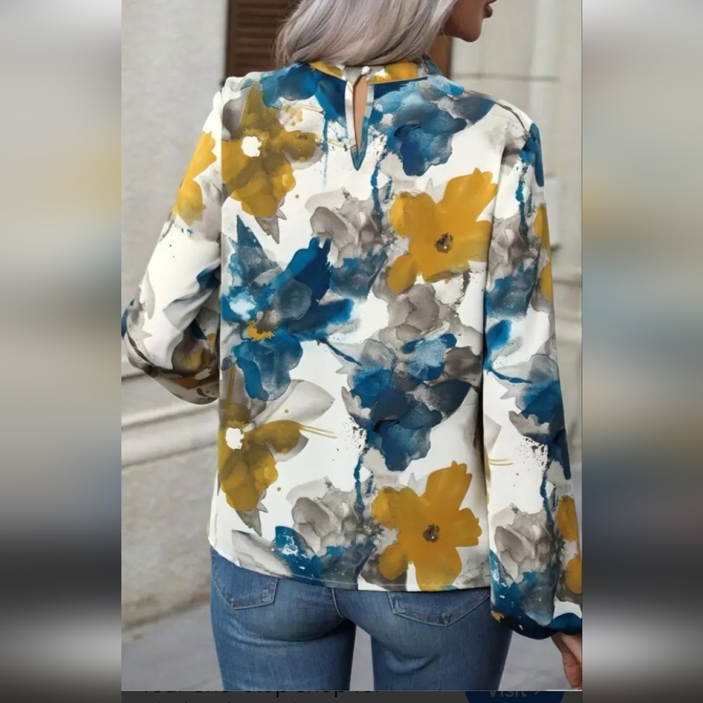 Women Blouse Turquoise/Tropical Print Ruffle Long Sleeves Size XXL - Picture 7 of 13
